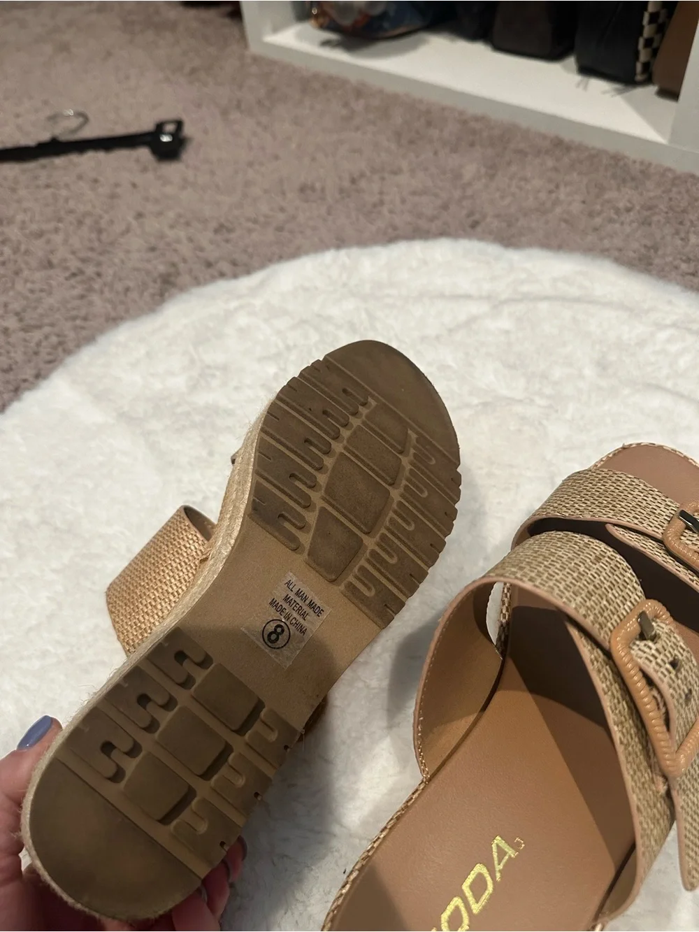 Soda Woven Buckle Platform Slide Sandals in Tan